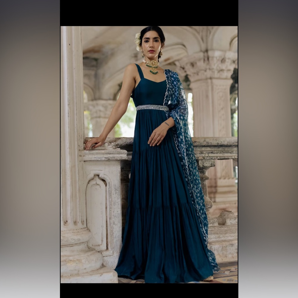 Teal Blue Crepe Layered Ankarli with Dupatta - Pernia’s Popup Shop